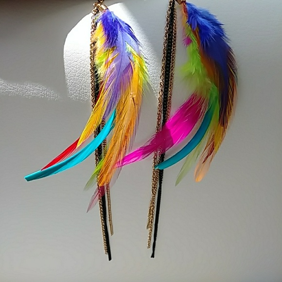 Jewelry - Long Colorful Feather Boho Dangle Earrings